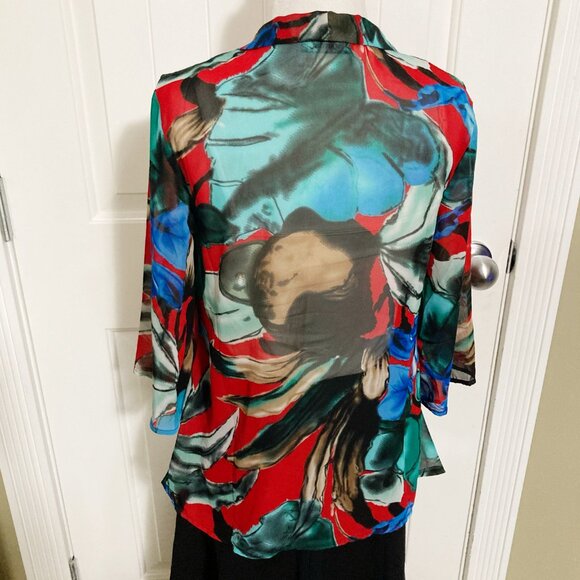 KAKTUS Red black white turquoise watercolour floral sheer cardigan ~ XS SMALL - Picture 11 of 12